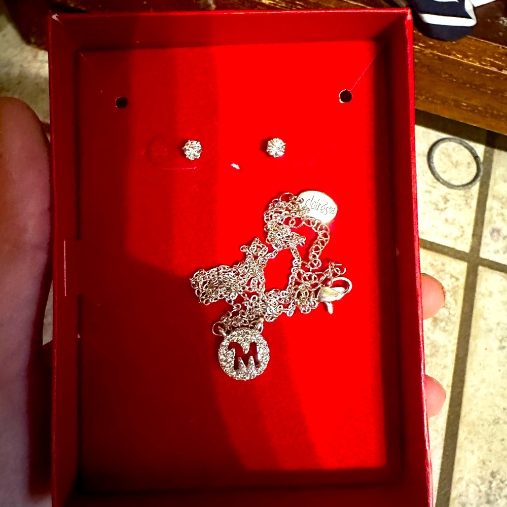 “M” necklace and earrings
